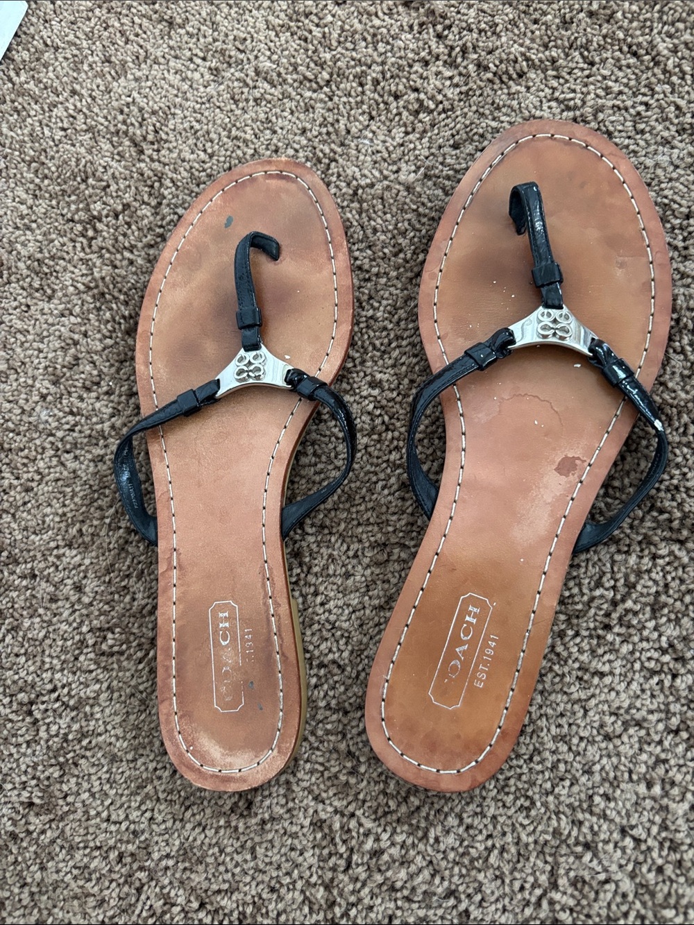 Coach Black Leather T-Strap Sandals with Silver Logo Accent